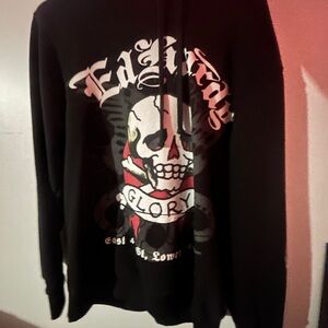 Ed Hardy Black Crewneck Sweater with Skull Graphic and Red Accents